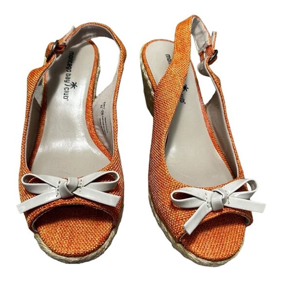 Montego Bay club orange canvas espadrilles peep toe wedges size 7W - Picture 2 of 9